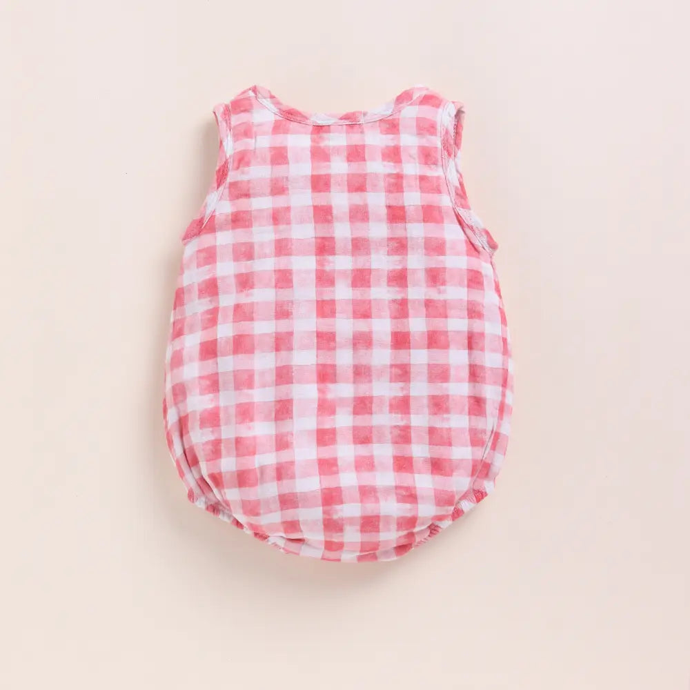 Cot &amp; Candy Baby Organic Muslin Bubble Romper-Pink Checks Print