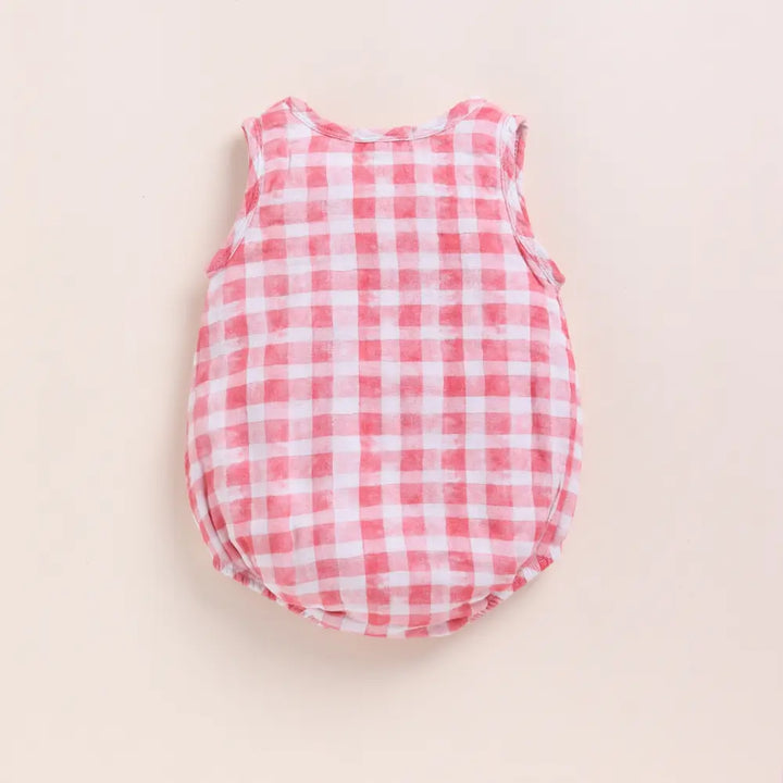 Cot &amp; Candy Baby Organic Muslin Bubble Romper-Pink Checks Print