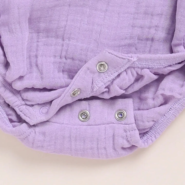 Cot &amp; Candy Baby Organic Muslin Frill Bubble Romper-Lavender Haze
