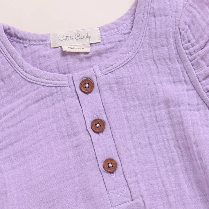Cot &amp; Candy Baby Organic Muslin Frill Bubble Romper-Lavender Haze