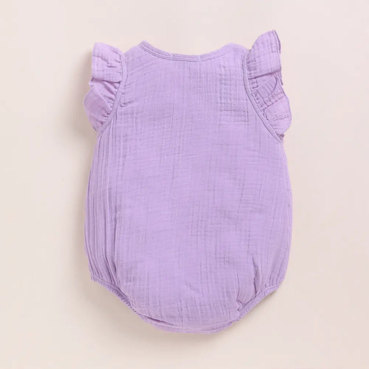 Cot &amp; Candy Baby Organic Muslin Frill Bubble Romper-Lavender Haze