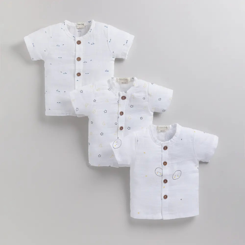 Cot &amp; Candy Baby Organic Half Sleeve Muslin Printed Jhabla Top Pack Of 3-Moon Star + Yellow Moon + Blue Dot