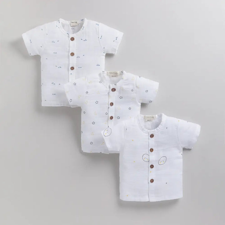 Cot &amp; Candy Baby Organic Half Sleeve Muslin Printed Jhabla Top Pack Of 3-Moon Star + Yellow Moon + Blue Dot