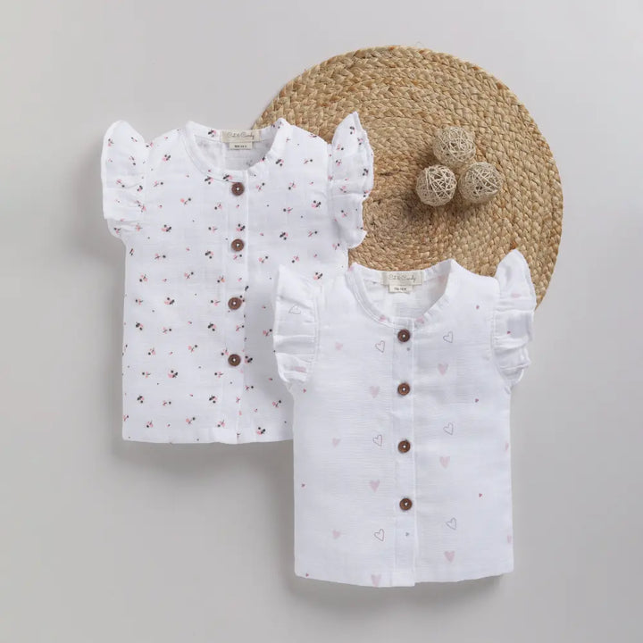 Cot &amp; Candy Baby Organic Half Sleeve Muslin Printed Jhabla Top Pack Of 2-Little Heart + Wild Flower