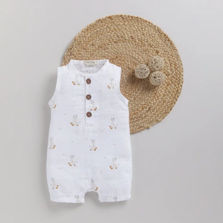 Cot &amp; Candy Baby Organic Muslin Half Romper-Giraffe Print