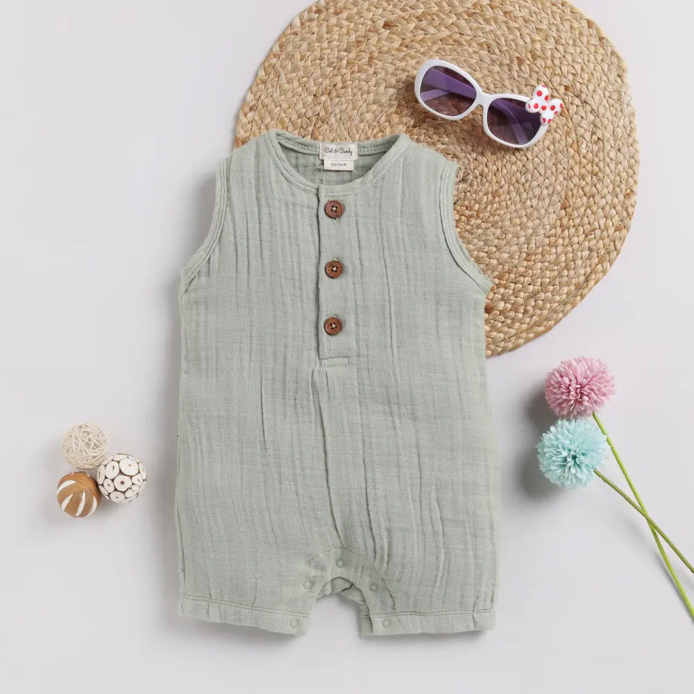 Cot &amp; Candy Baby Organic Muslin Half Romper-Sage