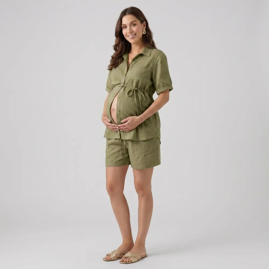 SOL MAMA Relaxed Linen Shorts - Olive Green