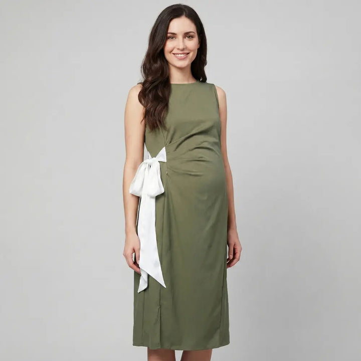 SOL MAMA Side Bow Tie Dress - Olive Green