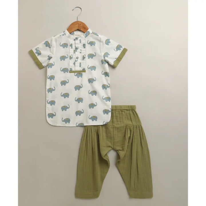 Sweetlime By AS Baby Boys Elephant Printed Cotton Kurta with Olive Cotton Pants Co-ord Set - White &amp; Olive Green