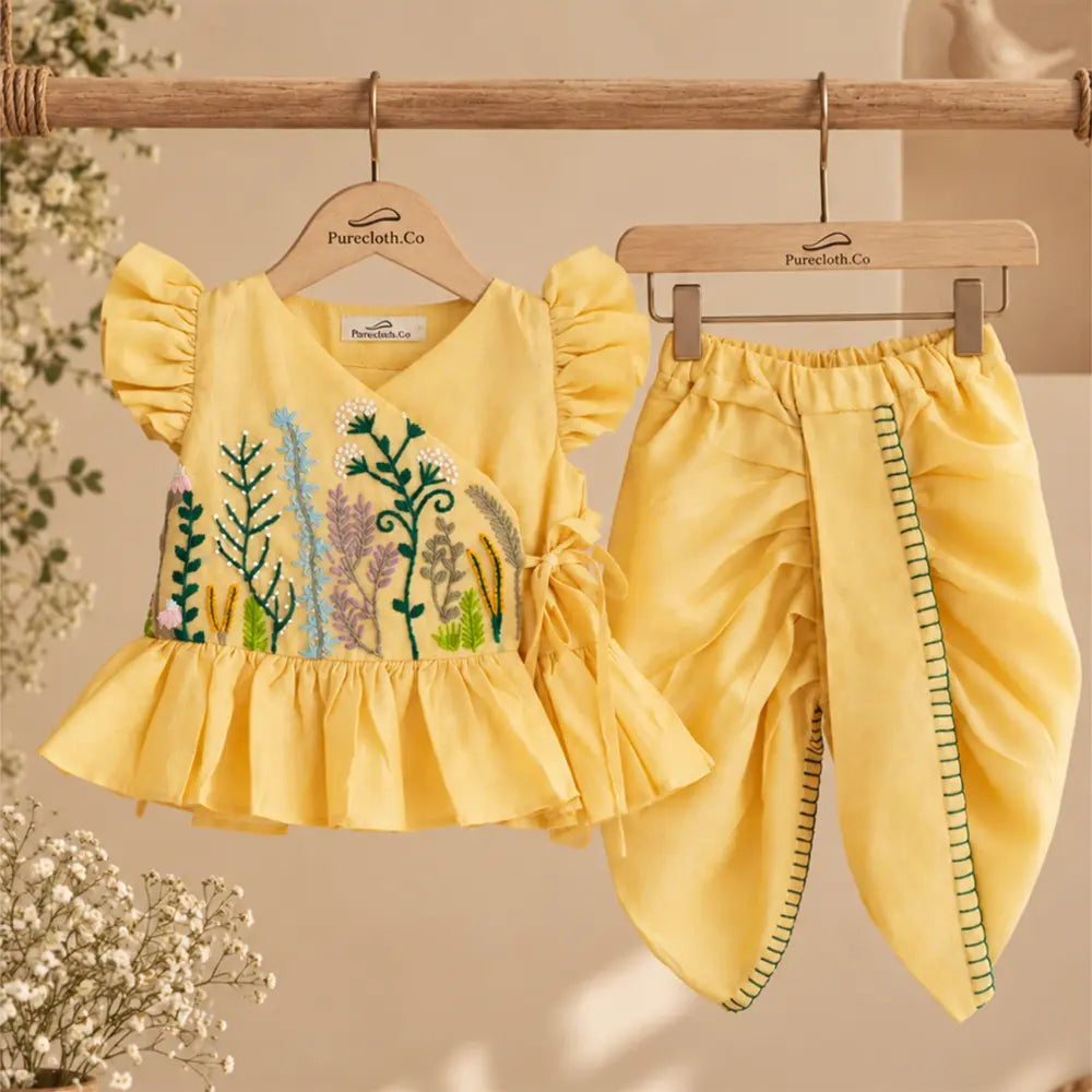 PureCloth.Co Jamna Set | Girls Chanderi Silk | Yellow