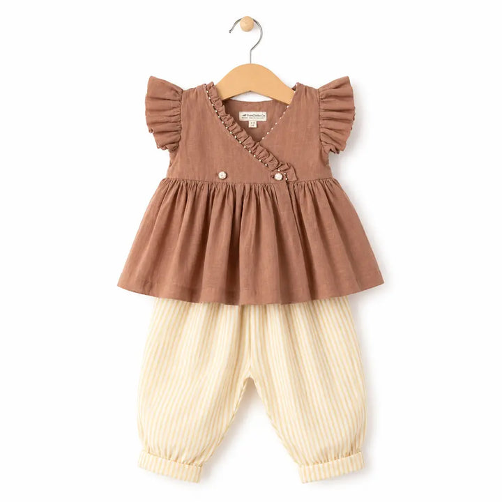 PureCloth.Co Flutter Top &amp; Golden Stripe Balloon Pants Brown &amp; Golden Stripe
