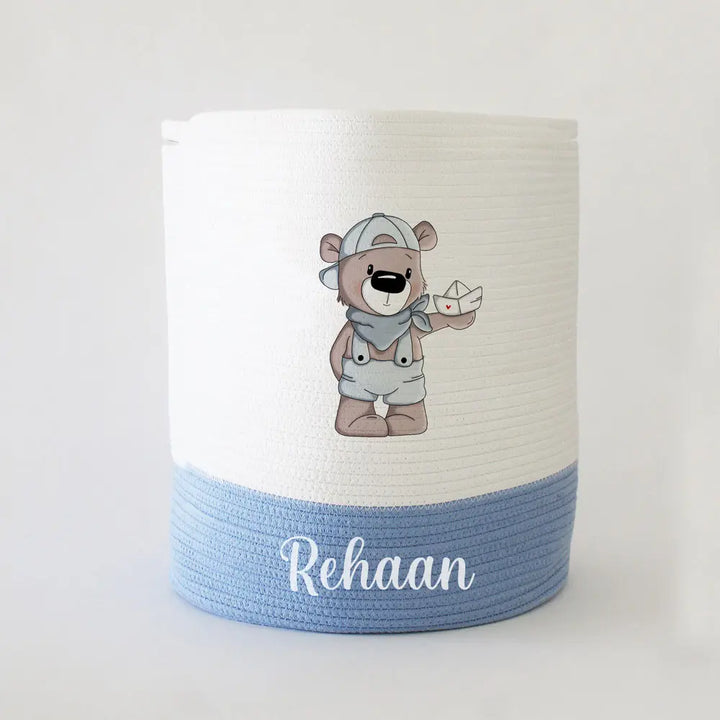 The Tiny Trove Personalized Storage Basket - Large - Teddy Theme - Blue