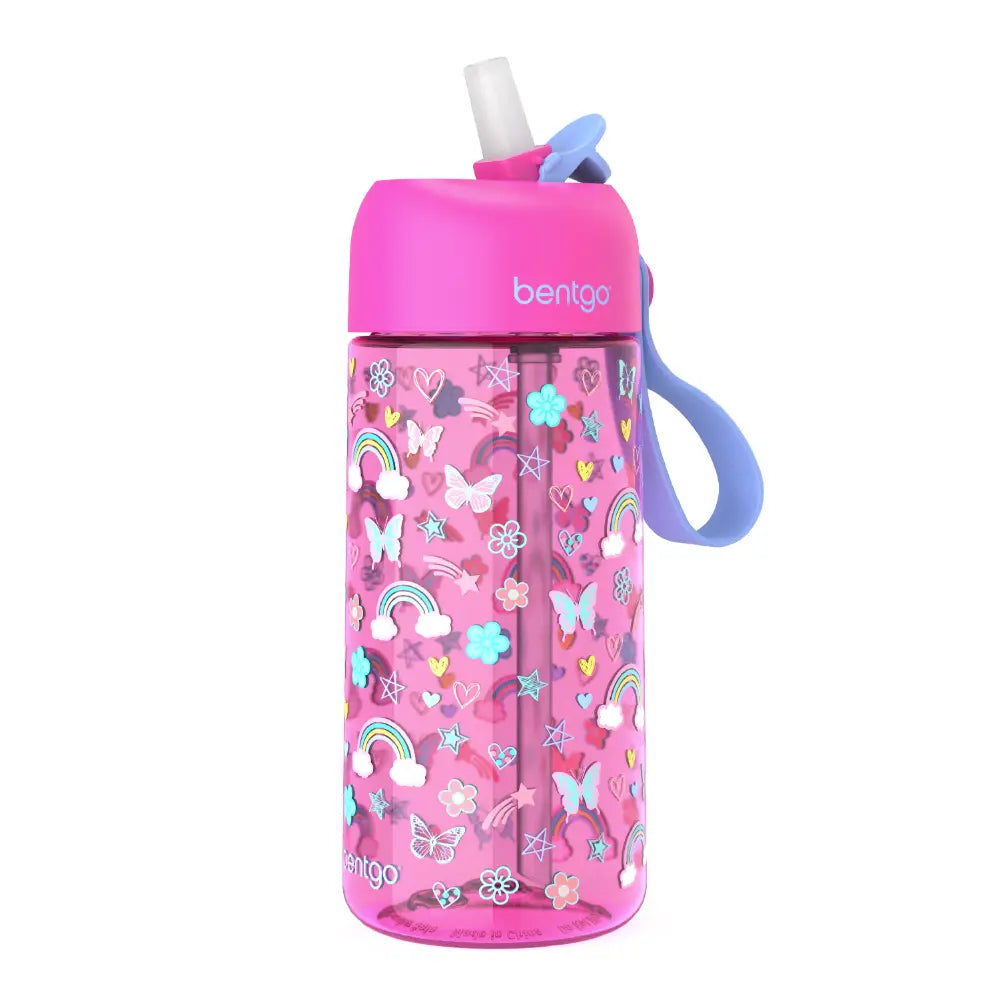 Bentgo Kids Water Bottle 450 ml, Leak-Proof Straw Bottle for Kids, Lightweighted &amp; Durable, BPA &amp; PFAS-Free Tritan Water Bottle, Ideal for School, Daycare &amp; Travel, 3 years+ - Rainbow and Butterflies