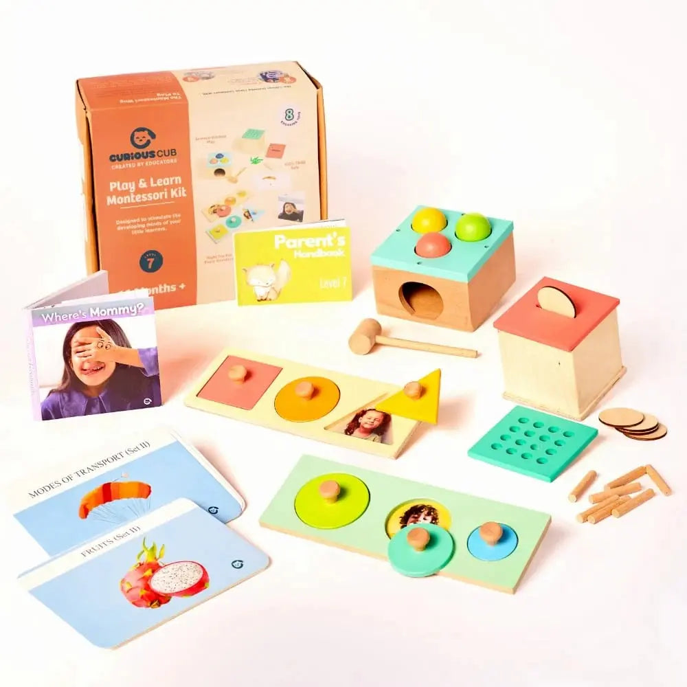 Curious Cub Montessori Box 7 | 8-Piece Toddler Learning Toy Set | Coin Box, Ball Hammer &amp; Puzzles | 13+ Months