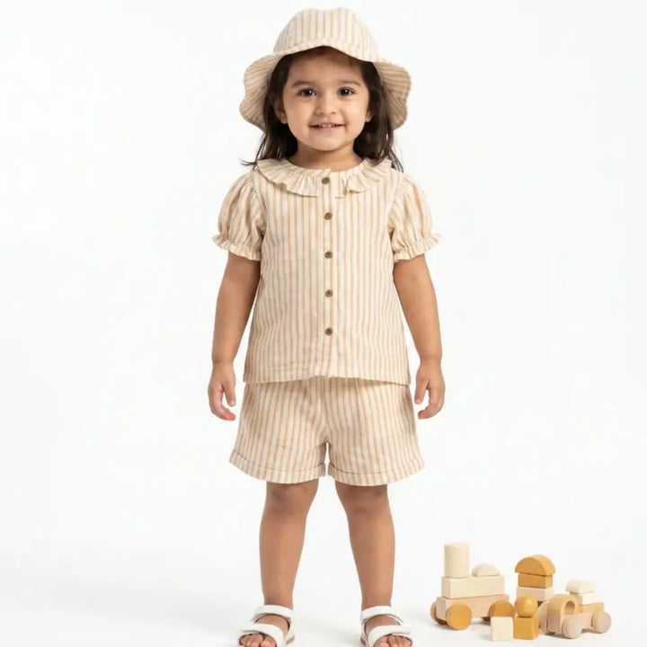 Sweetlime By AS Baby Girls Honey Stripe Organic Cotton Co-ord Set with a Hat - Beige