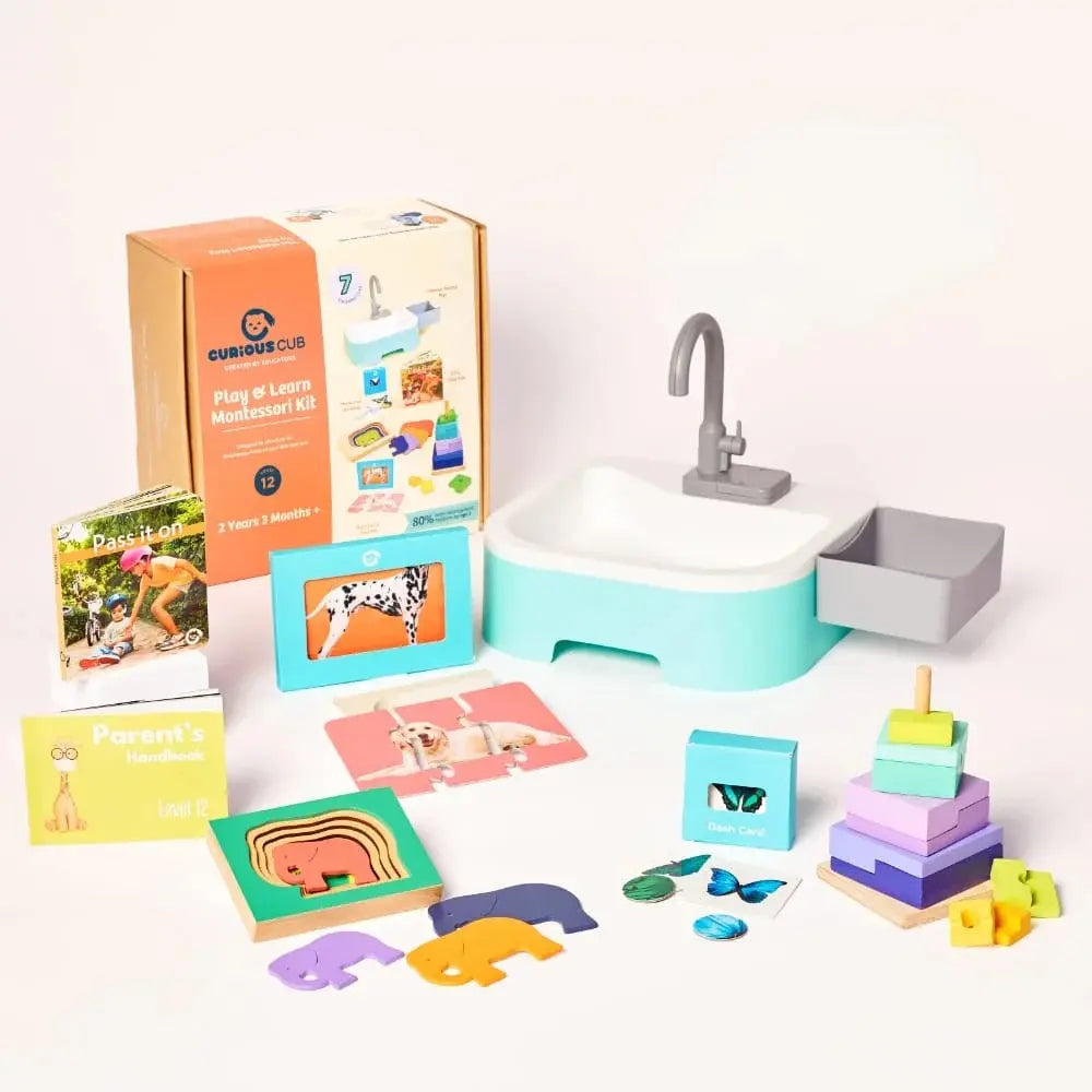 Curious Cub Montessori Box 12 | 6-Piece Practical Skills Toy Set | Play Sink, Logical Stacker &amp; Puzzles | 2.3 Yrs+
