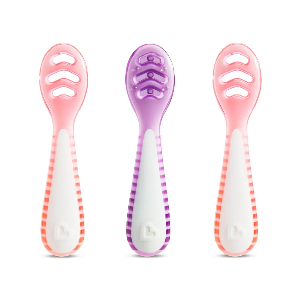 Munchkin Gentle Dip Multistage Infant Spoon Set, Silicone Self-Feeding Spoons for Baby-Led Weaning, Stage 1 &amp; Stage 2, BPA-Free, 4+ Months - Pink / Purple