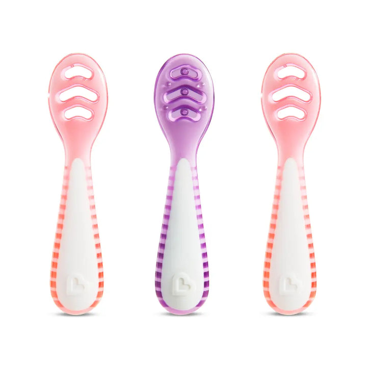 Munchkin Gentle Dip Multistage Infant Spoon Set, Silicone Self-Feeding Spoons for Baby-Led Weaning, Stage 1 &amp; Stage 2, BPA-Free, 4+ Months - Pink / Purple