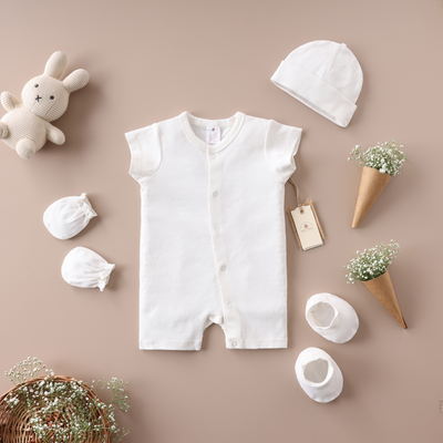 Baby Forest Poshaak Baby Bodysuit set incl Cap, Mitten & Booties - Pearl White