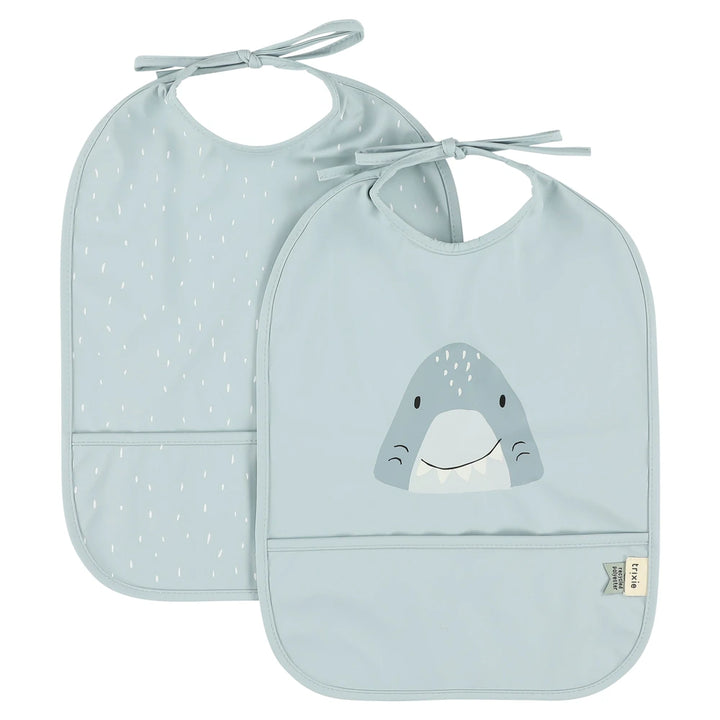 Trixie Waterproof Baby Bib Set | 2-Pack Feeding Bibs with Food Catcher Pocket, Adjustable Closure &amp; Easy-Clean Design | 3 Months Onwards | Mr. Shark