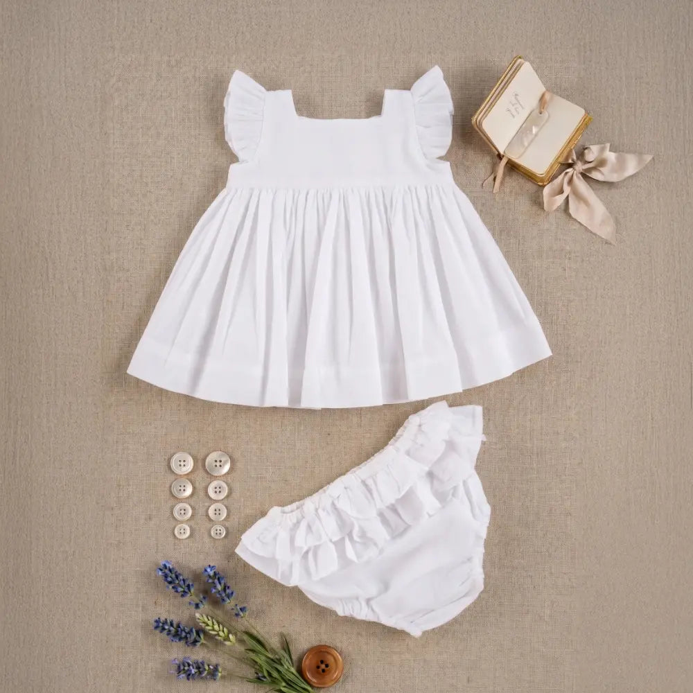 PureCloth.Co Ruffle Baby Dress with Bloomers | Off-White