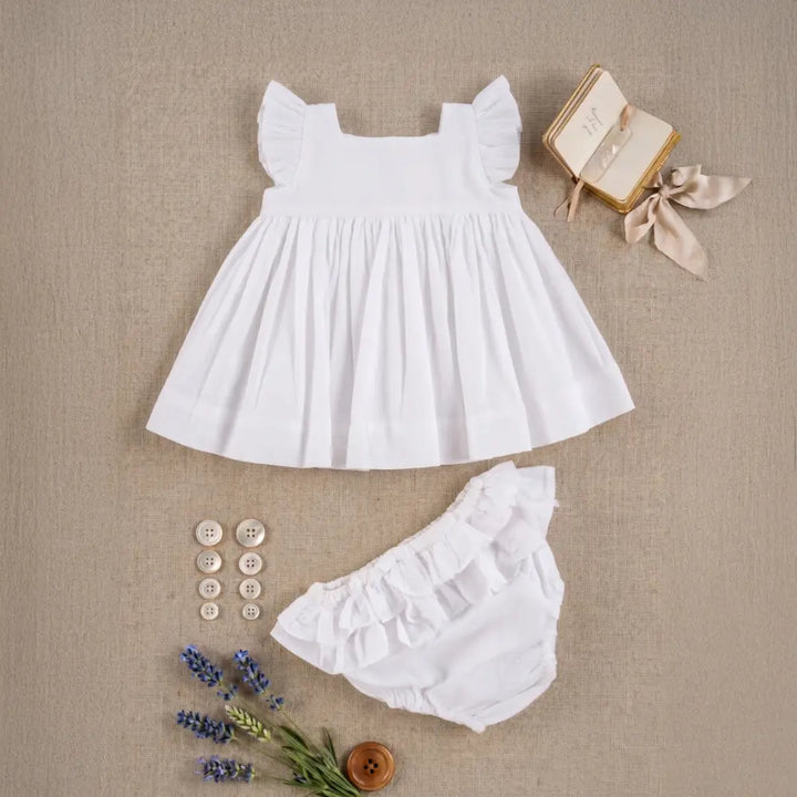 PureCloth.Co Ruffle Baby Dress with Bloomers | Off-White
