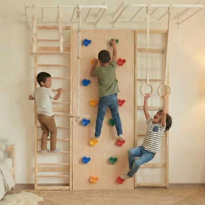 Curious Cub Ultimate Jungle Gym 4 | 7 Components - Wooden Ladder | Rope Ladder | Gymnastic Rings | Disk Swing | Trapeze Bar | Monkey Bars | Rock Climbing | Ages 4-15 Years