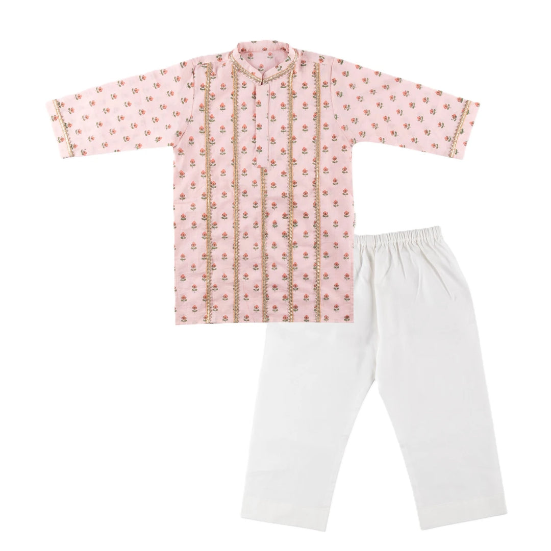 Dulaar Cotton Kurta Pyjama Set for Boys | Hand-Block Printed (Gota Work)-Flowers from Sanganer (Blush)