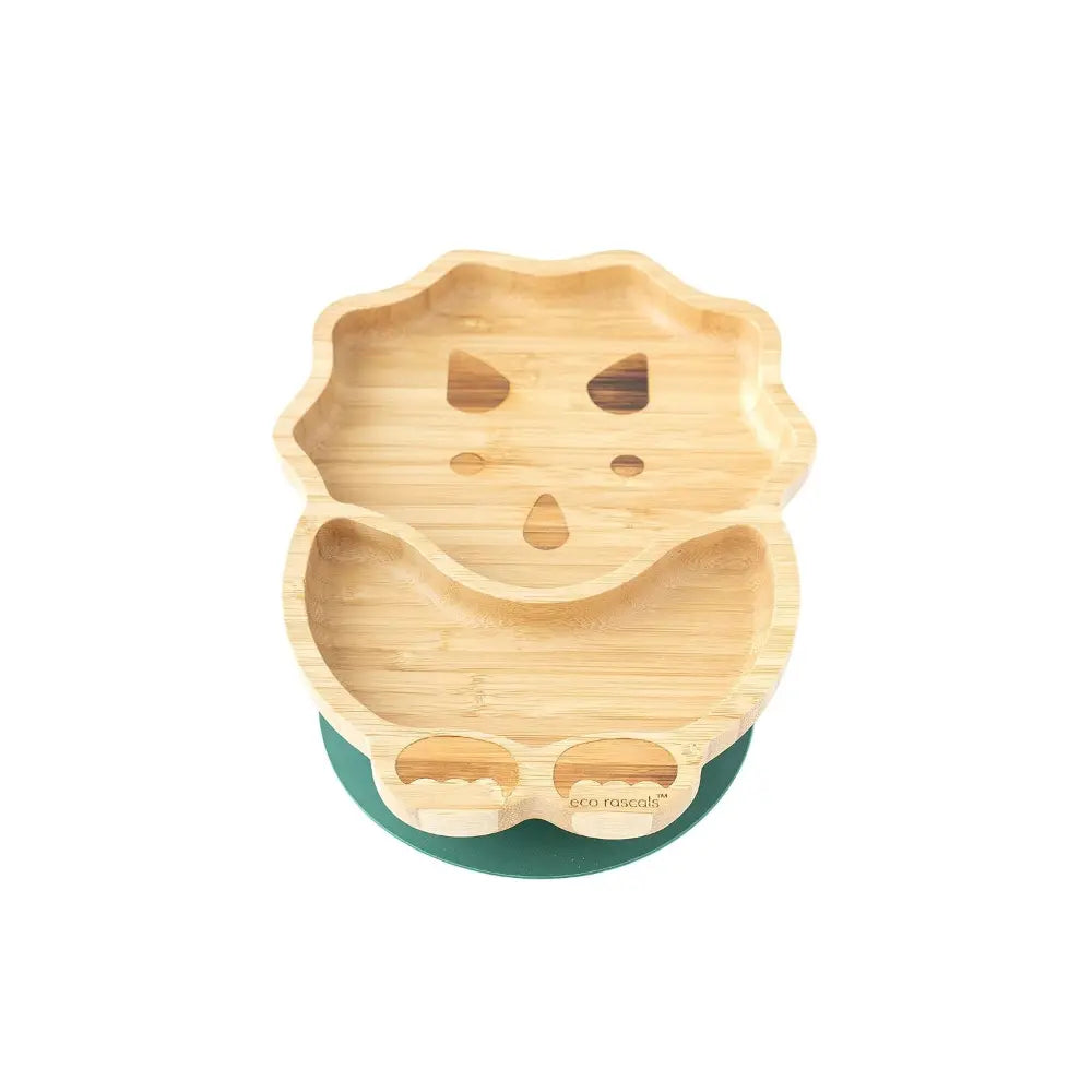 Eco Rascals Bamboo Dinosaur Shaped Plate - Baby Led Weaning, 2 Section Plate - Non Toxic, Natural Bamboo with Strong Suction, FDA Approved, 100% Silicone Suction Bases, BPA-PVC Free - Green