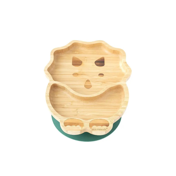 Eco Rascals Bamboo Dinosaur Shaped Plate - Baby Led Weaning, 2 Section Plate - Non Toxic, Natural Bamboo with Strong Suction, FDA Approved, 100% Silicone Suction Bases, BPA-PVC Free - Green