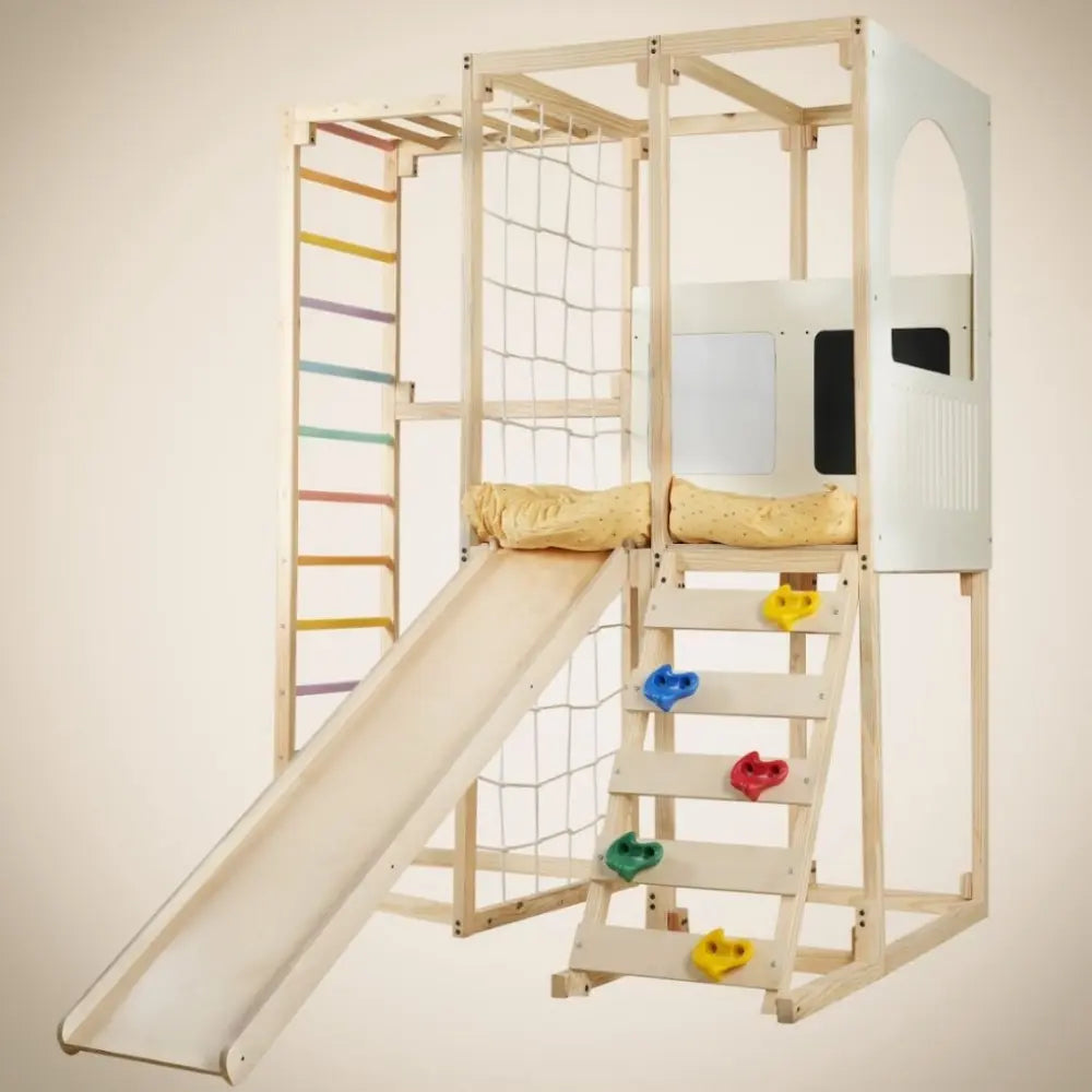 Curious Cub Playloft Indoor Jungle Gym | 8 Components - Rod Climbing, Monkey Bar, Rock Climbing, Slide, Rope Climbing, Playloft (Mattress included), Blackboard, Whiteboard | Ages 2-15 Years