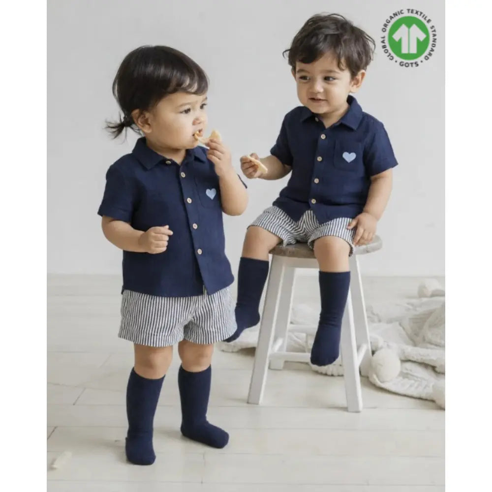 Sweetlime By AS Unisex Organic Cotton Shirt with Blue Stripe Cotton Shorts Co-ord Set – Navy Blue &amp; White