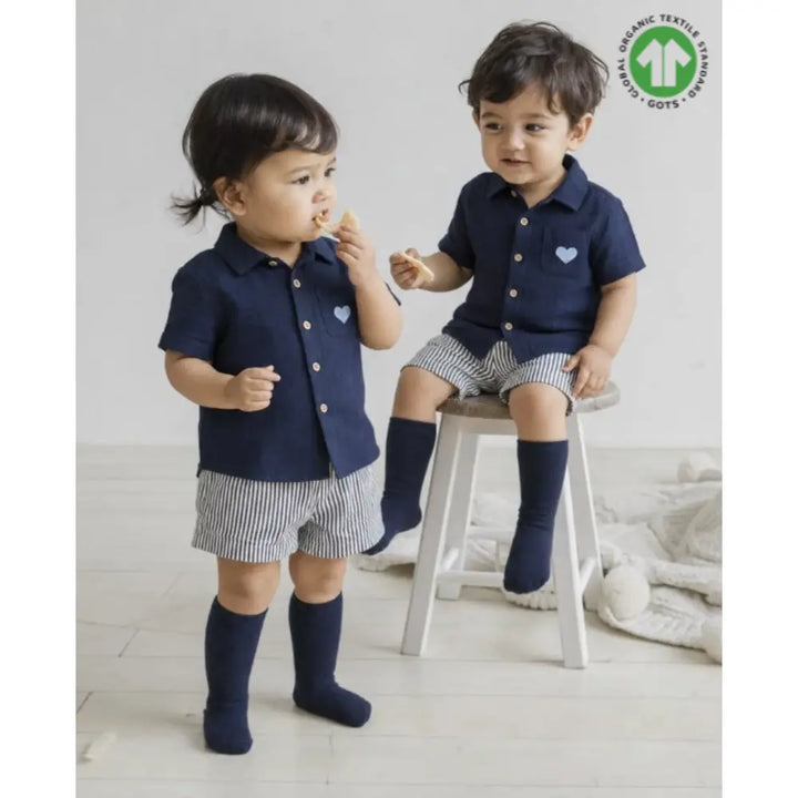 Sweetlime By AS Unisex Organic Cotton Shirt with Blue Stripe Cotton Shorts Co-ord Set – Navy Blue &amp; White