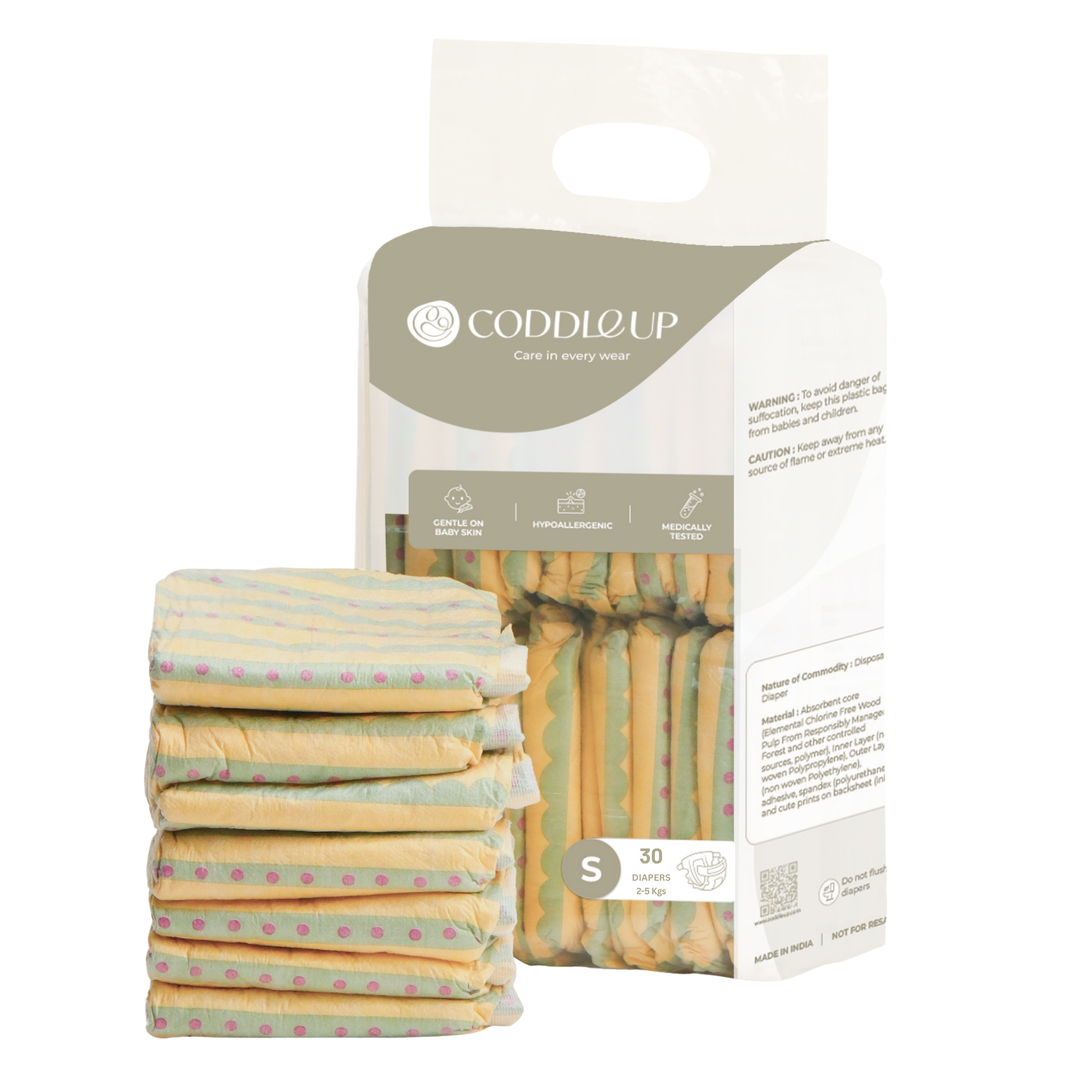 CODDLE UP Baby Taped Diapers, Ultra Soft, Hypoallergenic, Breathable &amp; Leak-Proof - Small (2–5 kg), 30 Count