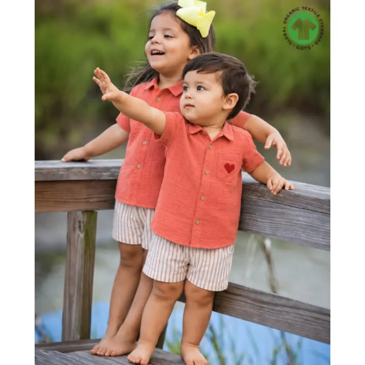 Sweetlime By AS Unisex Coral Organic Cotton Shirt with Red Stripe Cotton Shorts Co-ord Set – Coral &amp; White