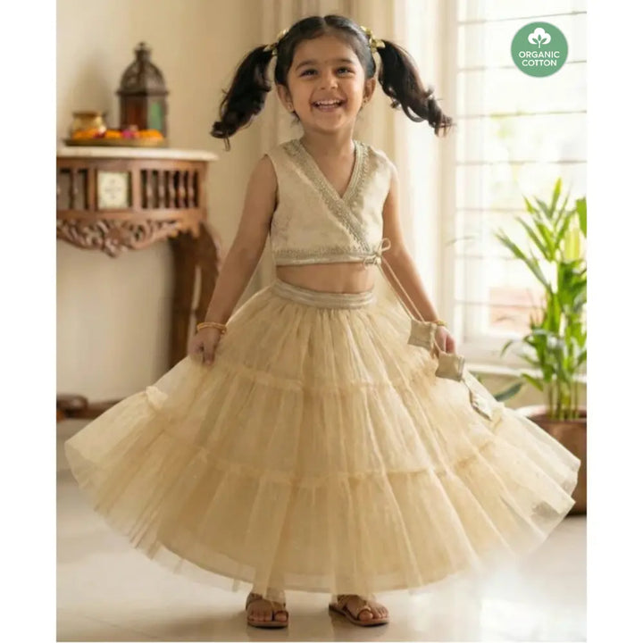 Sweetlime By AS Jacquard peplum Top with Golden Twirl Lehenga Set - Golden