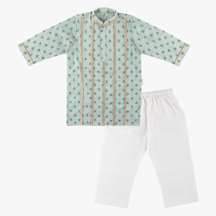 Dulaar Cotton Kurta Pyjama Set for Boys | Hand-Block Printed (Gota Work)-Flowers from Sanganer (Sky)