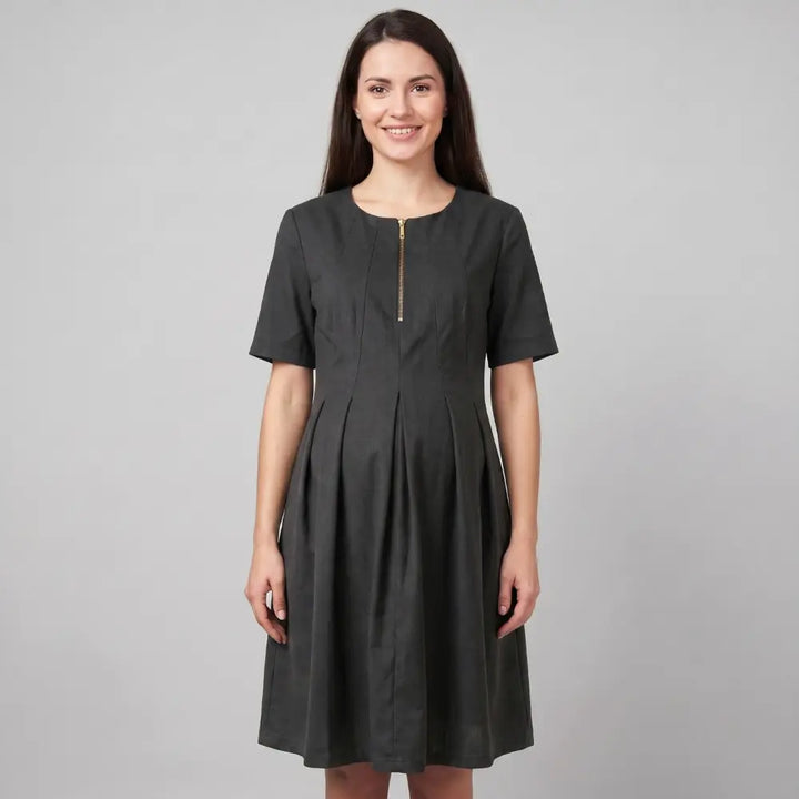 SOL MAMA Pleat Front Zip Dress - Dark Grey