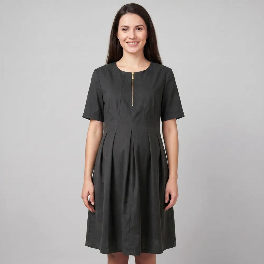 SOL MAMA Pleat Front Zip Dress - Dark Grey
