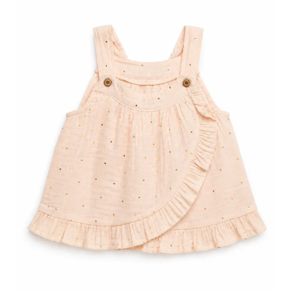 Pattuti Sustainable Muslin Baby Girl Frock Set With Panty &amp; Hairband | Foil Print Dress Set For Kids | Peach Summer Outfit