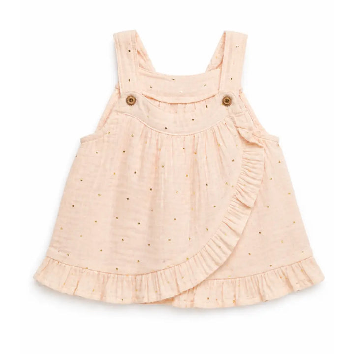 Pattuti Sustainable Muslin Baby Girl Frock Set With Panty &amp; Hairband | Foil Print Dress Set For Kids | Peach Summer Outfit