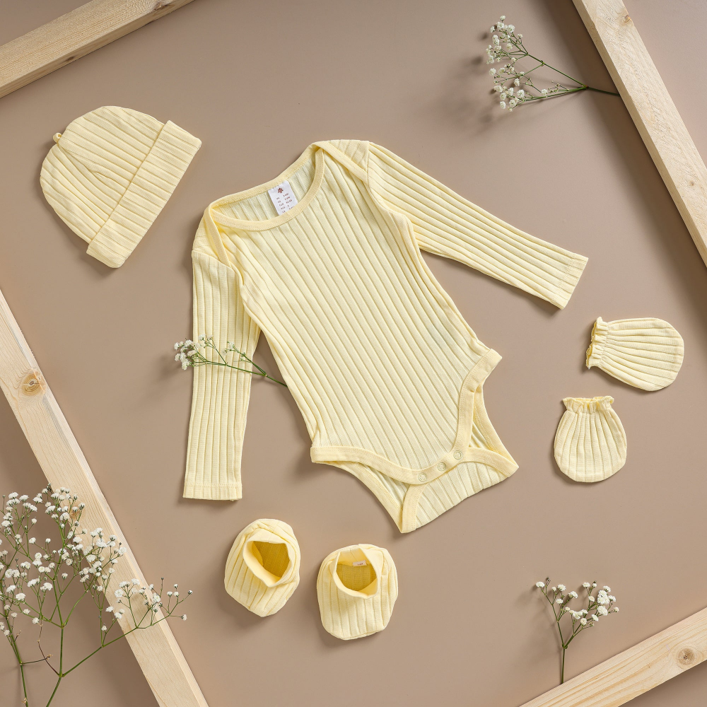 Baby Forest Poshaak Baby Bodysuit Set (Full Sleeves) With Cap, Mittens & Booties - Butter Cup
