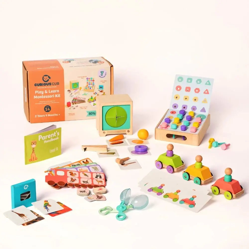 Curious Cub Montessori Box 14 | 7-Piece Sensory &amp; Cognitive Toy Kit | Memory Game, Mosaic Board &amp; More | 2.9 Yrs+