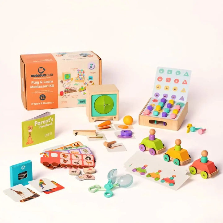 Curious Cub Montessori Box 14 | 7-Piece Sensory &amp; Cognitive Toy Kit | Memory Game, Mosaic Board &amp; More | 2.9 Yrs+