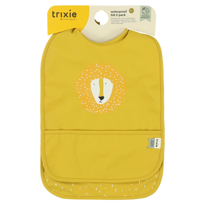 Trixie Waterproof Baby Bib Set | 2-Pack Feeding Bibs with Food Catcher Pocket, Adjustable Closure &amp; Easy-Clean Design | 3 Months Onwards | Mr. Lion