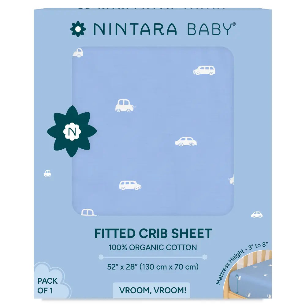 Nintara Baby Fitted Crib Sheet – 100% Organic Cotton Jersey, 52 x 28 Inch (130 x 70 cm) - Vroom, Vroom!