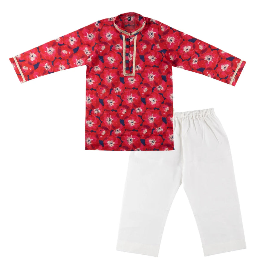 Dulaar Cotton Kurta Pyjama Set for Boys (Gota Work)-Painted Poppies