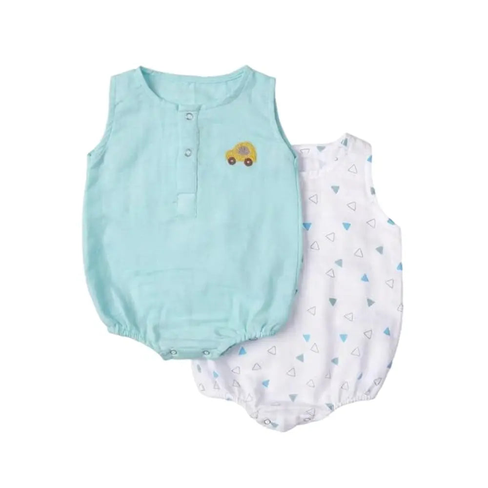 The White Cradle Organic Cotton Baby Romper for Newborn Baby Boy &amp; Girl | Pack of 2 Blue Triangle with Car Infant Rompers | Snap Button Crotch for Easy Diaper Change | Soft Summer Baby Outfit