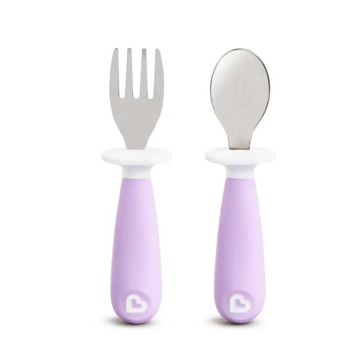 Munchkin Raise  Toddler Fork &amp; Spoon Set – Self-Feeding Utensils with Germ-Free Raised Base, BPA-Free, 12+ Months - Purple