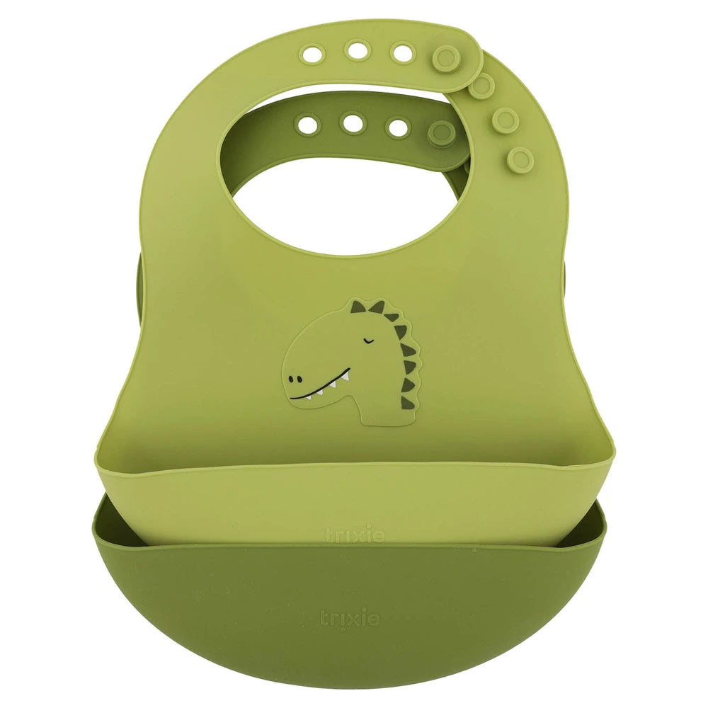 Trixie Silicone Baby Bib Set | 100% Food-Grade Silicone Feeding Bib with Food Catcher Pocket, Adjustable Fit &amp; Easy-Clean Design | 2-Pack | 4 Months Onwards | Mr. Dino